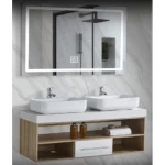 Marble Surface Ceramic Decorative Wash Basin Double Bowl Size 120 cm, Wooden Color with Wooden Cabinet