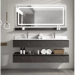 Two Basins Marble Top Bathroom washbasin with Wooden Cabinet Size 150 cm, Gray Color