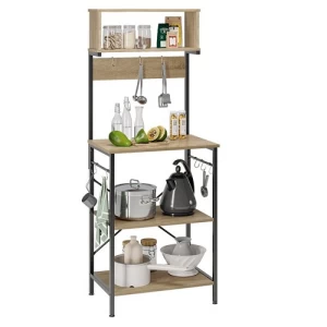 5-Tier Kitchen Baker Rack with Hooks Height 153 cm, Width 60 cm, Depth 40 cm, Light Brown | Revvvd Factory