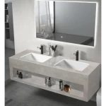 مغسلة ديكور رخام صناعي حوضين مع مرايا ليد 3 الوان مقاس 150 سم، لون رمادي مطفي