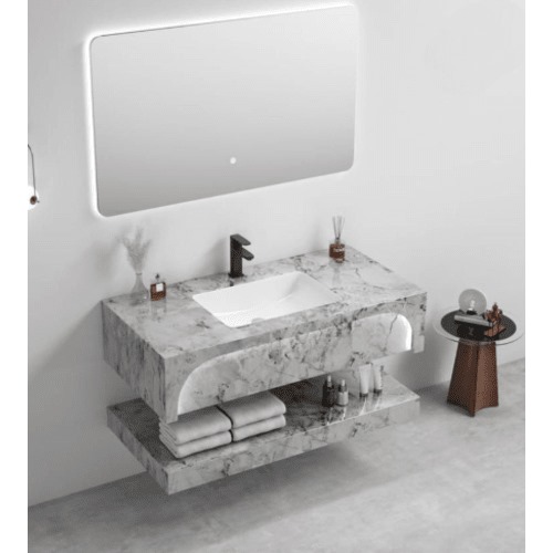 Bathroom Single Basin Artificial Marble 100×50 cm Gray, With LED Mirrors | Albayt Alaniq Sanitary Tools