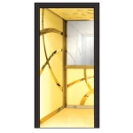 كابينة مصعد من ستانلس ستيل ذهبي PVC، مرآة نصفية، زوايا ذهبية، وأرضية من رخام بيج صناعي.